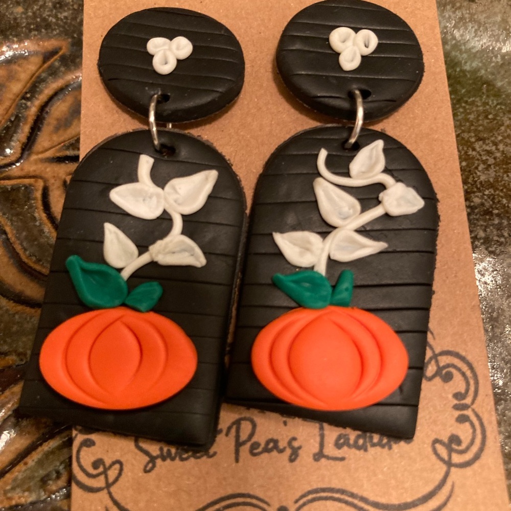 Black Dangles with Orange Pumpkin. Lightweight polymer clay. Fall/Halloween
